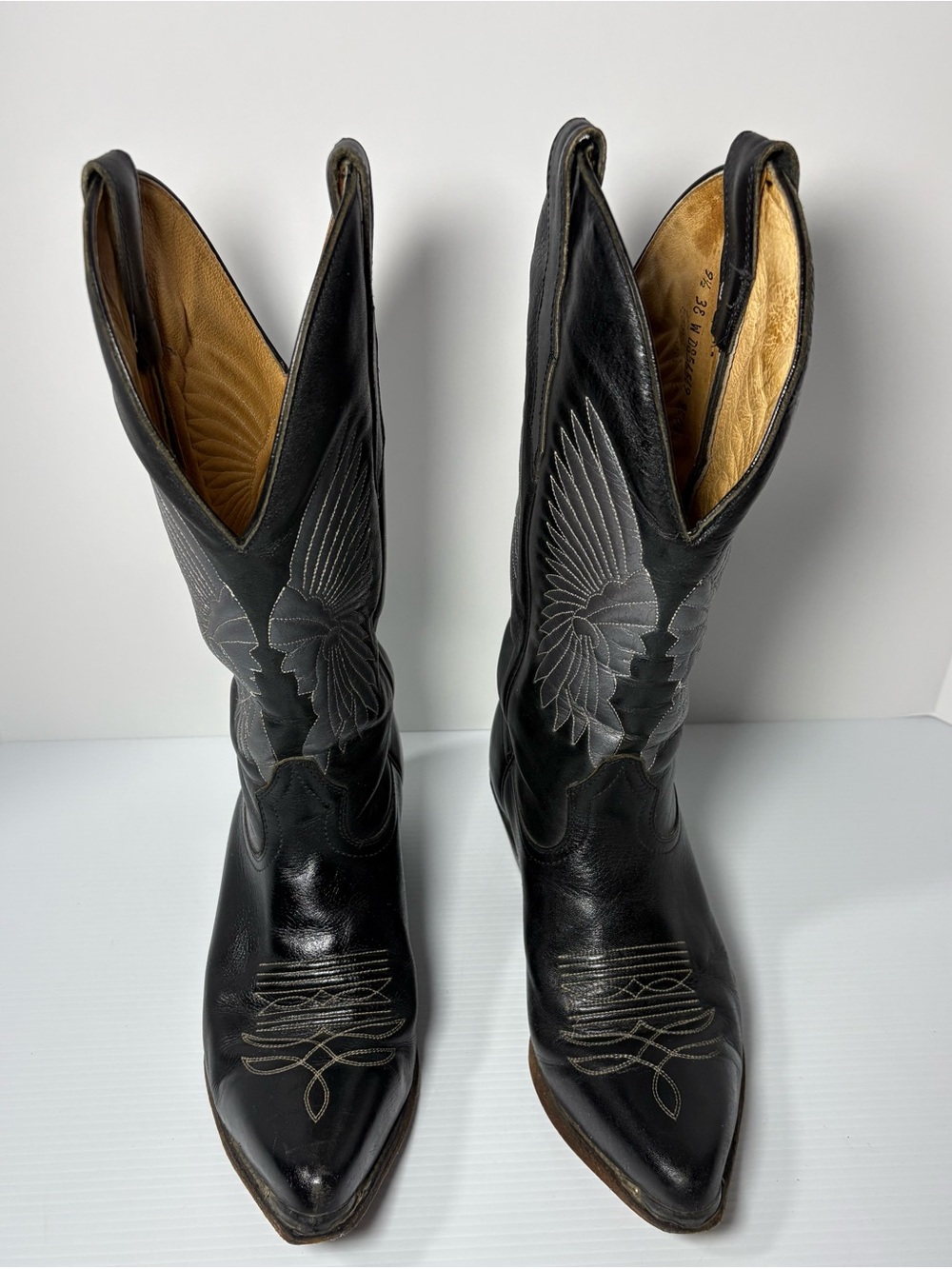 Vtg BOULET Men’s Black Leather Western Cowboy Boots - Eagle Stitch